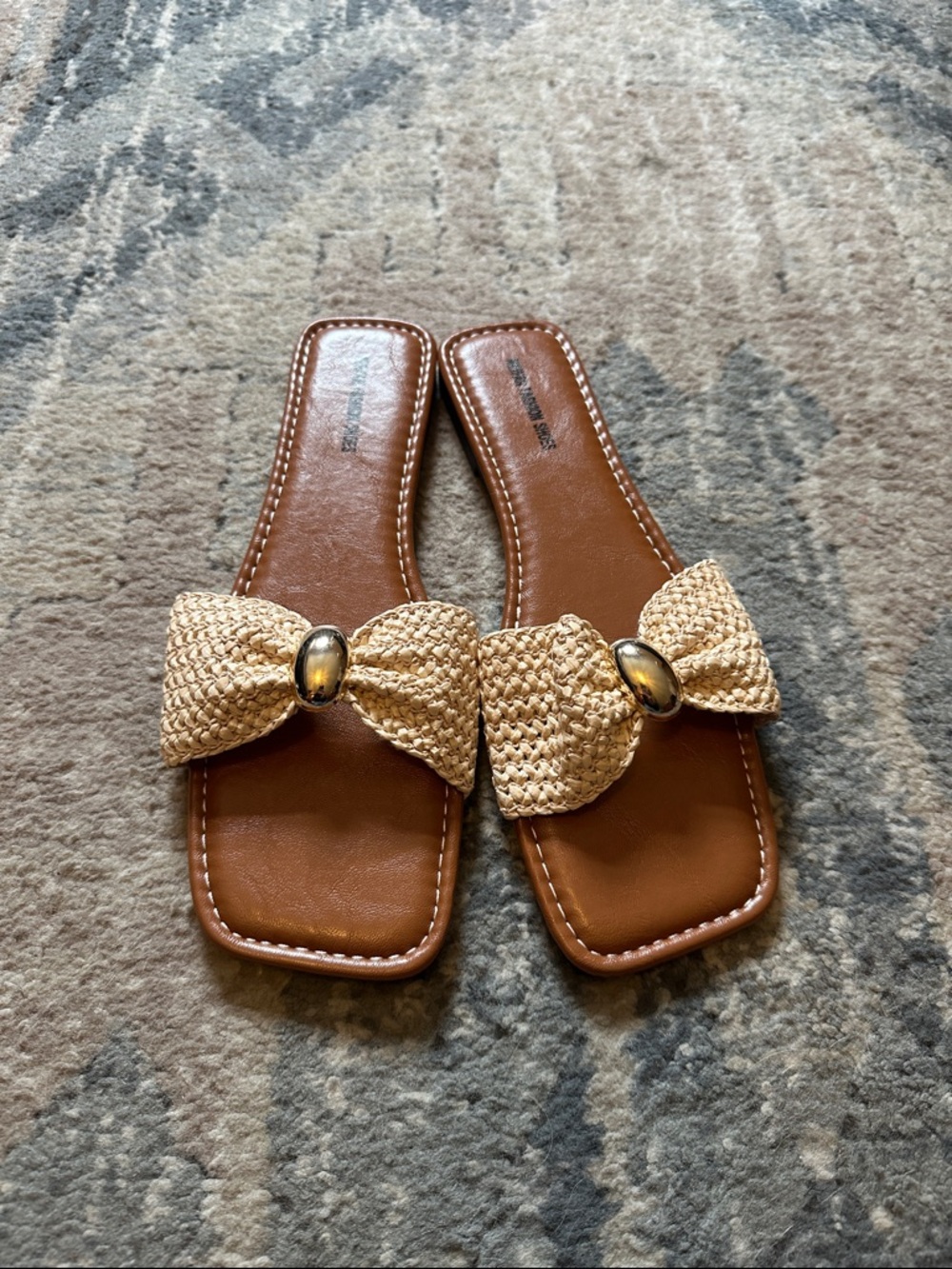 SHEIN Tan Brown Woven Bow Slide Sandals